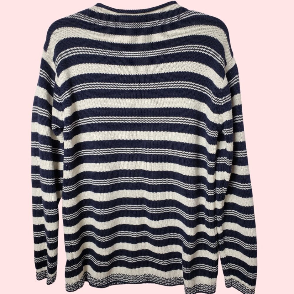 Laura Ashley Navy & White Striped Cotton Sweater Button Shoulder Womens Medium - Picture 2 of 12